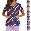 Plus Size Printed Scrub Working Uniform Tops For Women's Cross V Neck Independence Day Print Short Sleeve Fun T-Shirts Workwear Tee With Pockets