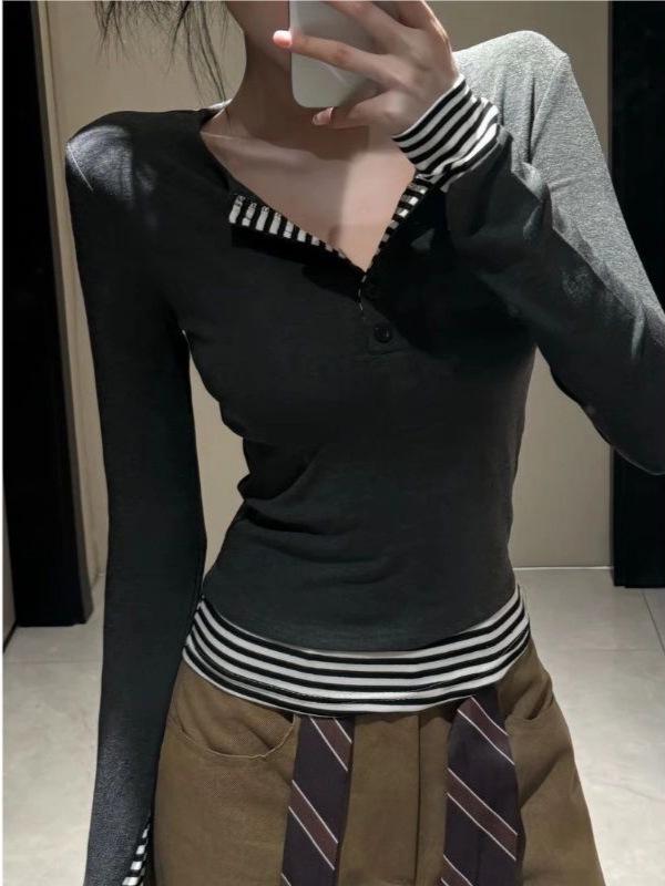 2025 Women's Autumn/Winter Striped Color Block Long-Sleeve Patchwork Two-in-One T-Shirt