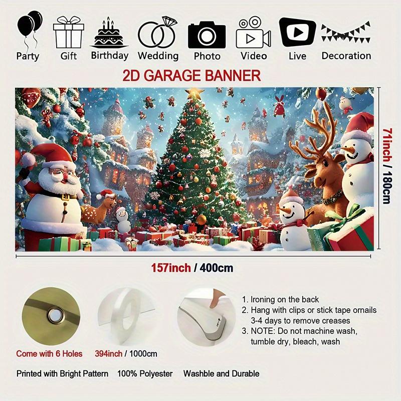 2D flat door banner, oversized Christmas door decoration with winter fairyland scene - giant snowman, Santa Claus, reind