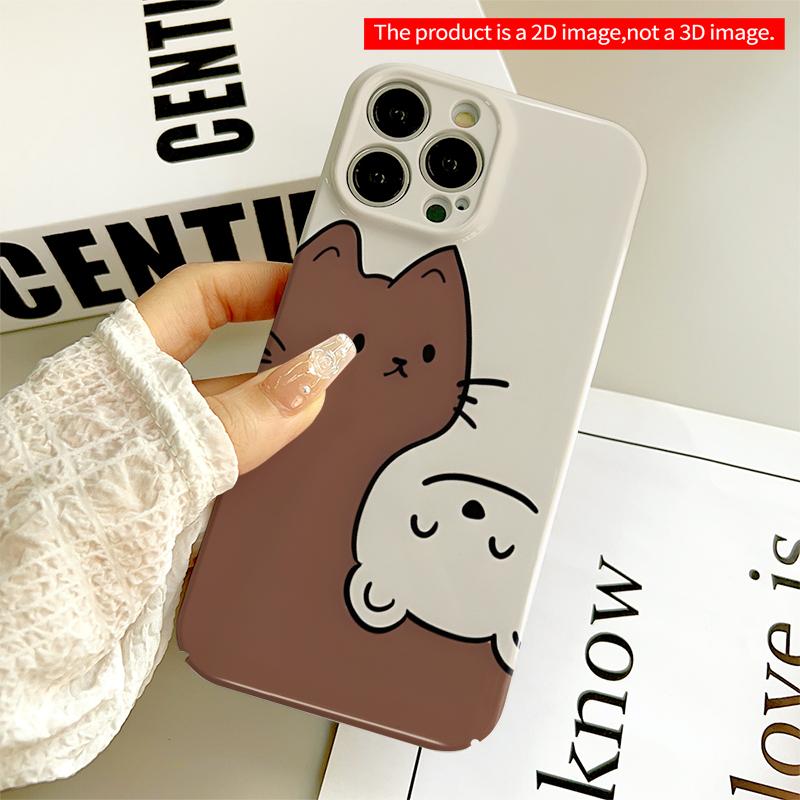 2DFlat Cute Brown Cat and White Friend Wallpaper Phone Case All inclusive film compatible with iPhone 18 Pro Max 17 16 15 14 13 12 11