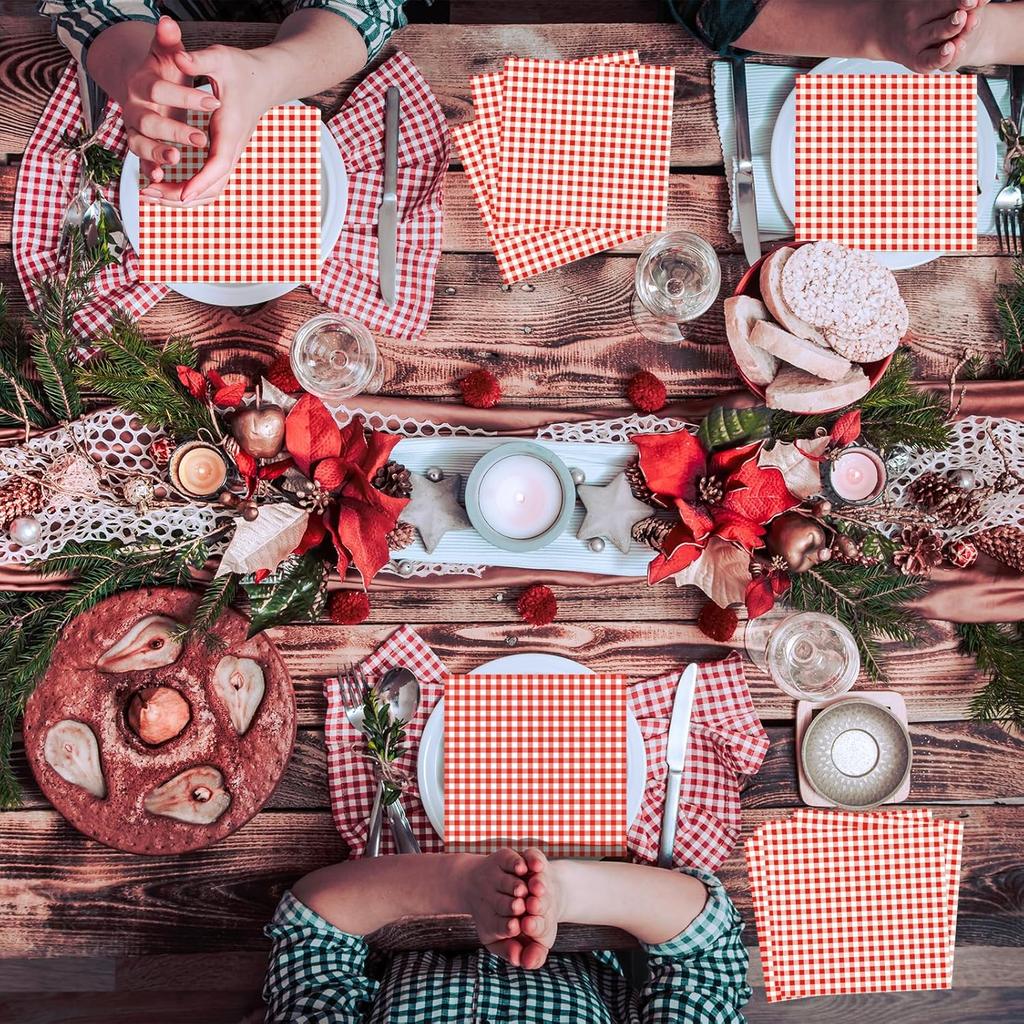 50 Count Red and White Gingham Paper Napk, Disposable Checkered Cocktail Napk for Picnic, BBQ, Farmhouse Party, Summer Birthday, 4th of July, Rustic