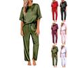 Women's Silk Solid Color Pajama Set Short Sleeve Shirt And Long Pajama Pants Set Soft Pajamas Loungewear