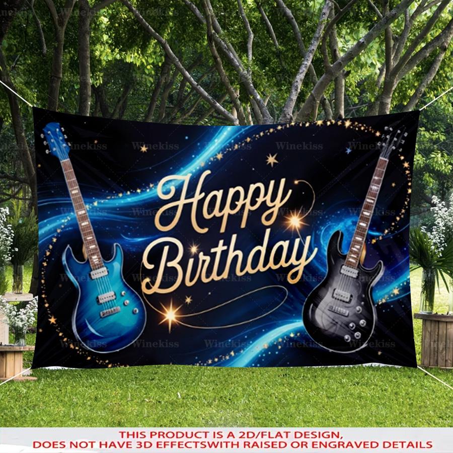 1pc 2D Flat Guitar Theme Birthday Banner Starry Sky Backdrop For Garden Patio Indoor Outdoor Birthday Celebration Decor Photo Decor