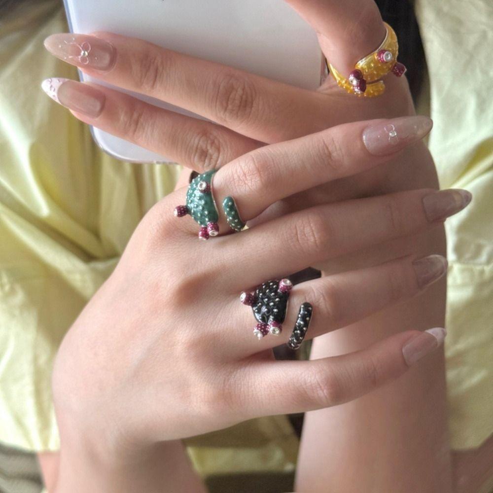 Капающее масло Кактус Капающее масло Кольцо Корейский стиль Эмалевое кольцо Винтажное кольцо с росписью Украшение