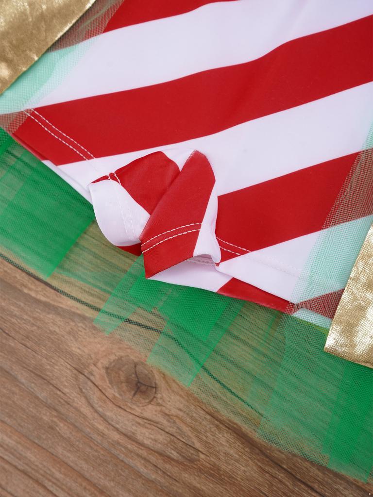 Girls Christmas Jumpsuit Striped Design Rhinestone Bow Adorned Ruffle Skirt Shorts Bodysuit Cosplay Costume