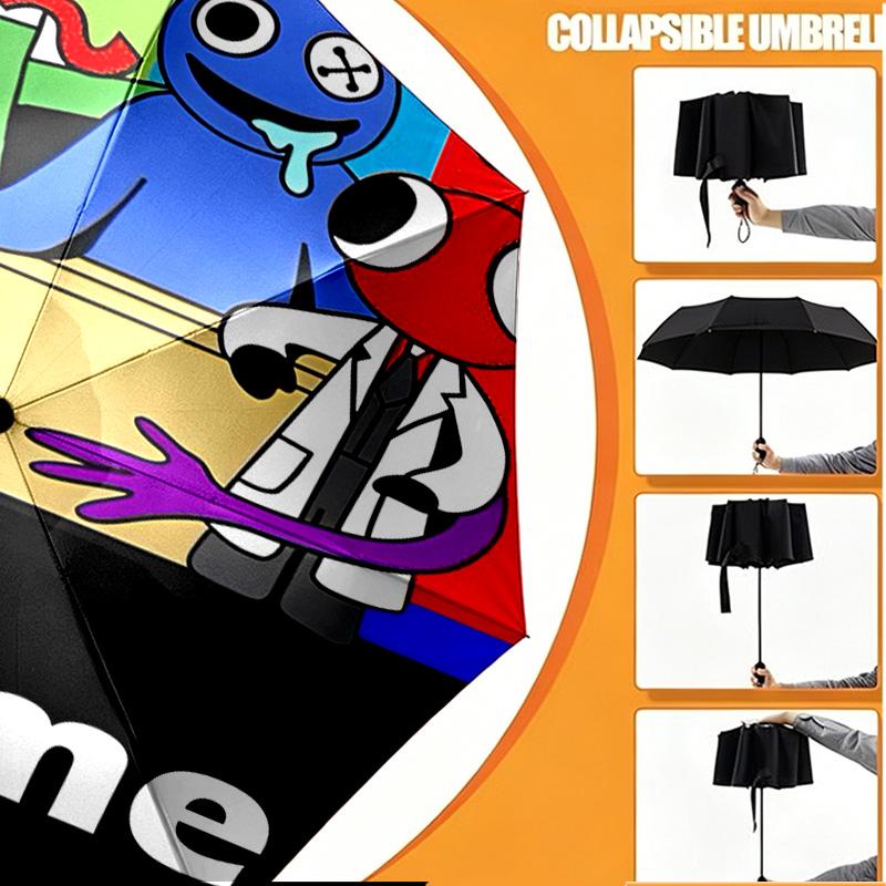 Custom Name Personalized Game Rainbow Friends Print Umbrella, Auto Open Close, 8‑Rib Sturdy Frame, Commute Camping Hiking Use, Birthday Gift