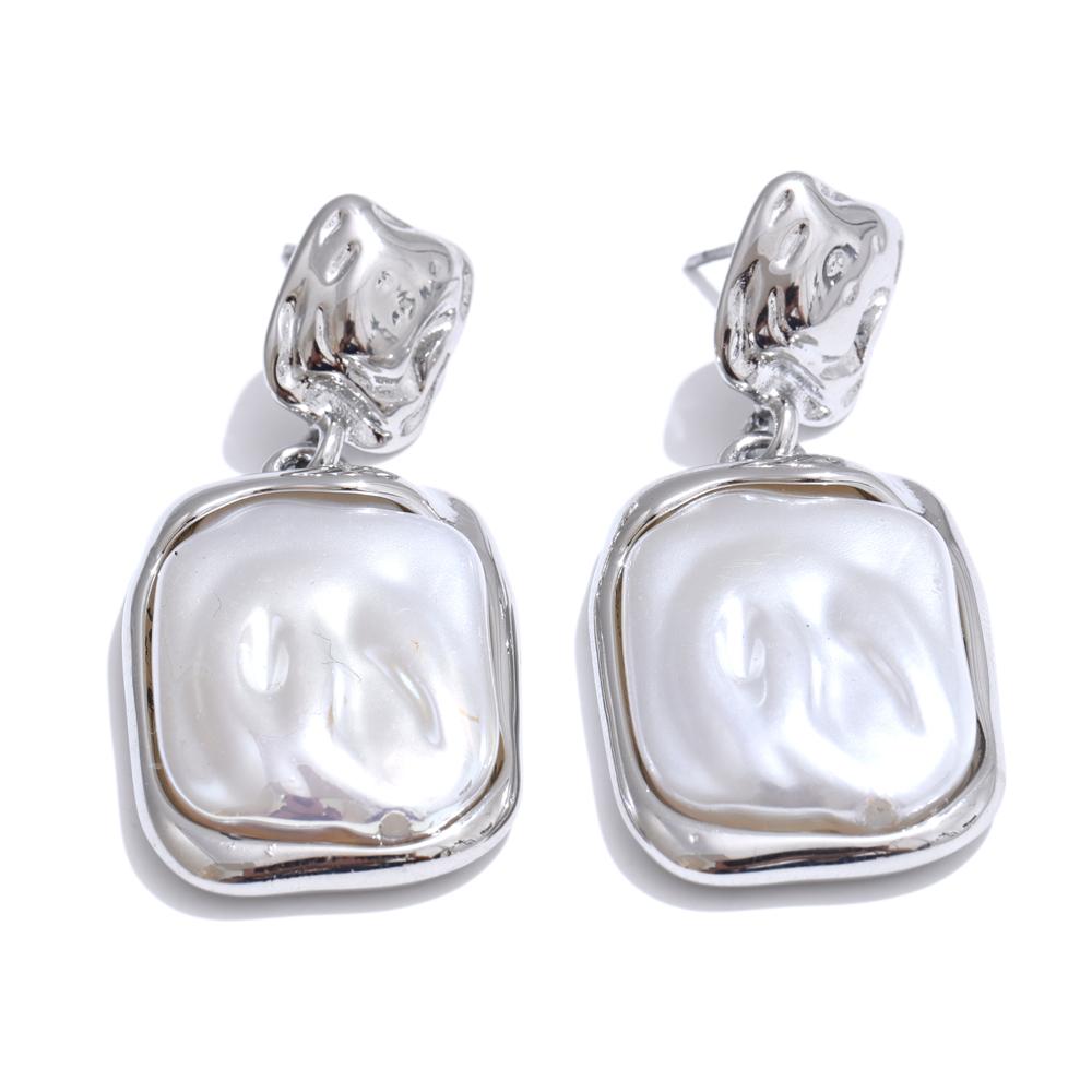 Yhpup Stainless Steel Baroque Imitation Pearls Square Drop Earrings for Women Tarnish Resistant Daily Korean Fashion Jewelry