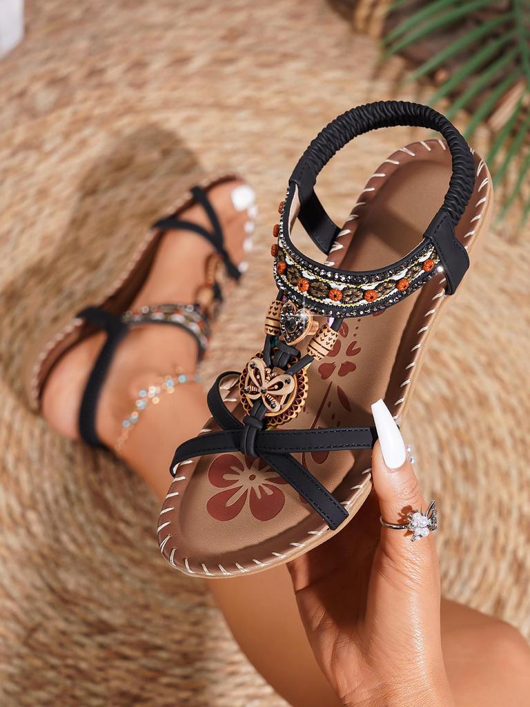 Bohemian Spring 2024 Rhinestone Flower Open-Toed Sandals for Outdoor Beach