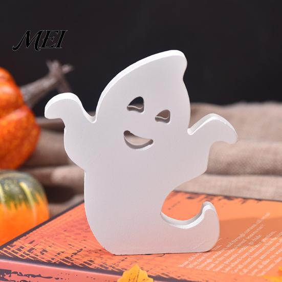 White Ghost Figurine for Home Cute Halloween Wooden Table Sign, Spooky Standing Decorative Entryway Block Sign Holiday Tiered Tray Centerpiece, Indoor