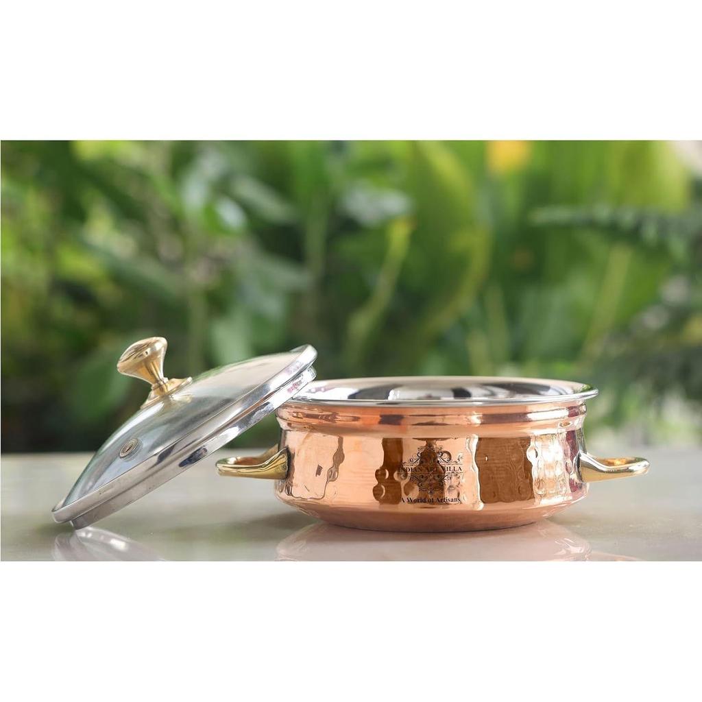 Steel Copper Handi with Brass Handle & Glass Lid No. 3, Serveware Casserole with Handle (Volume - 700 Ml)