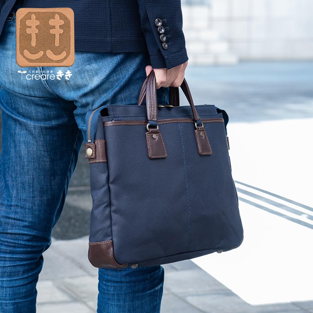 Creare Kiki Men's Lightweight A4 Size Tote Bag, Made in Japan, Japanese Style, Indigo and Persimmon Dyed Canvas and Leather Briefcase with Multiple
