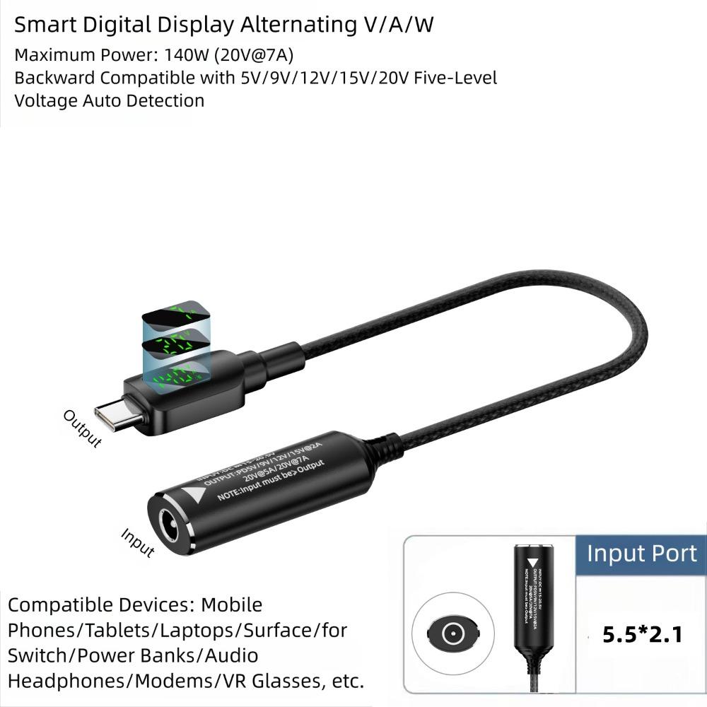Цифровой дисплей DC в Type-C Конвертер USB-C Выход PD 140 Вт Зарядный кабель Адаптер 5 В 9 В 15 В 20 В Вход Интеллектуальный