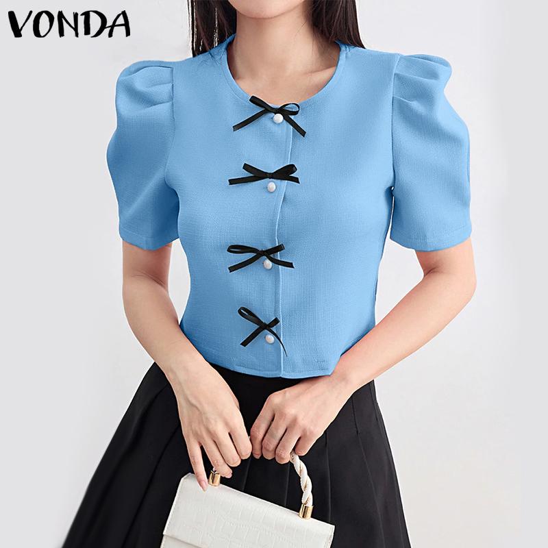 VONDA Летняя женская блузка с коротким рукавом, с бантом спереди, повседневная, укороченная, элегантная