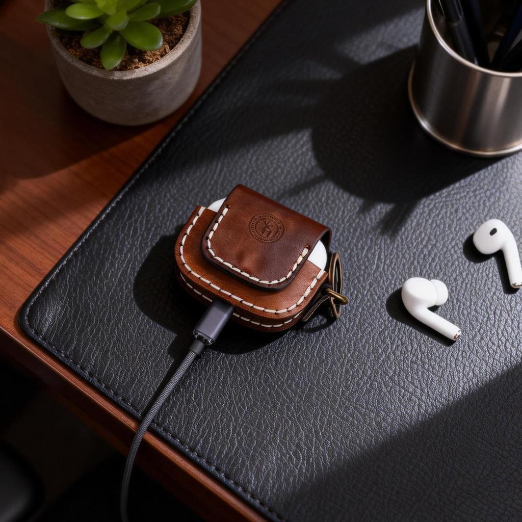 TOURBON Наушники AirPods Оригинальные с Зарядным Кейсом Винтажный, Совместимый, Кожаный, Коричневый, Брелок, Порт, Компактный, Ударопрочный, Стильный, Для Мужчин и Женщин