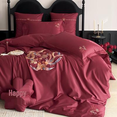 Красный свадебный вышитый набор – Дизайн «Дракон и Феникс», 100% длинноволокнистый хлопок, 4 предмета: пододеяльник и простынь.