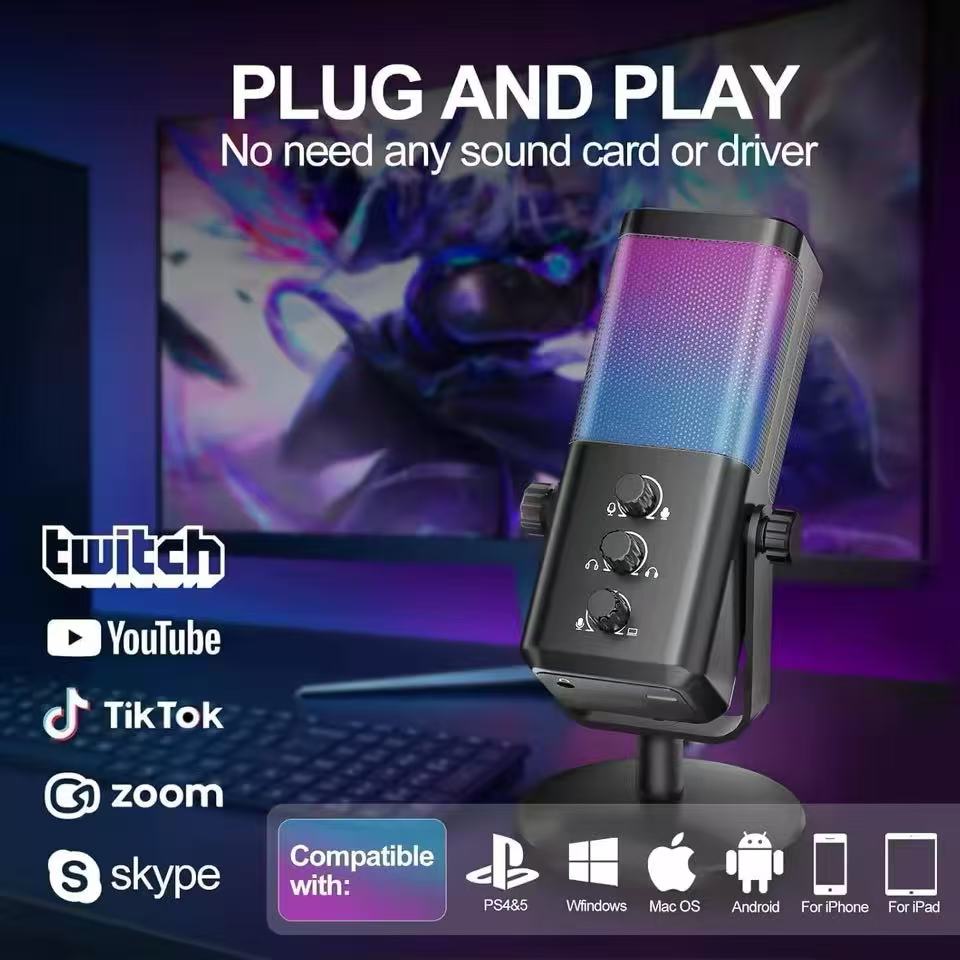 USB Игровой микрофон с балансом игрового чата, RGB конденсаторный микрофон с реверберацией/шумоподавлением/мониторингом микрофона, для стриминга