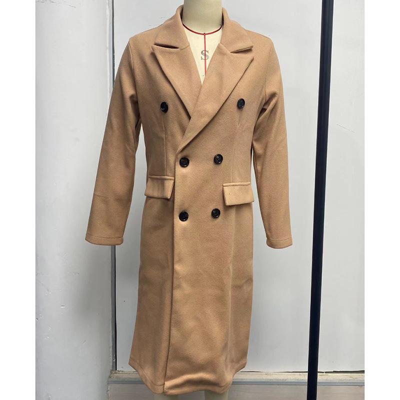 Осеннее длинное свободное шерстяное пальто для женщин, однотонное, средней длины, двубортное, с карманами, женская зимняя куртка, модные повседневные женские пальто больших размеров 24906