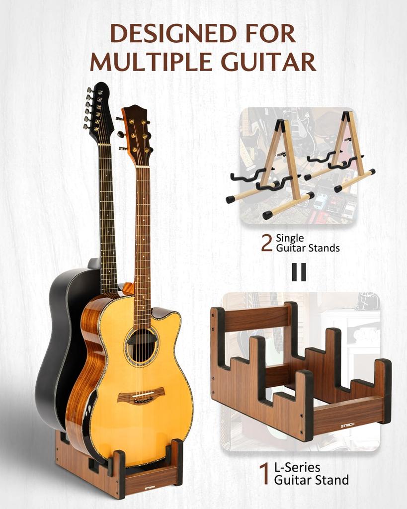 STRICH Wooden Guitar Front Stand for and Stage Walnut Color 2 L-2AW Floor-Mounted Stand, 2-Guitar Stand, Display, Space-Saving, Multi-Guitar Home,