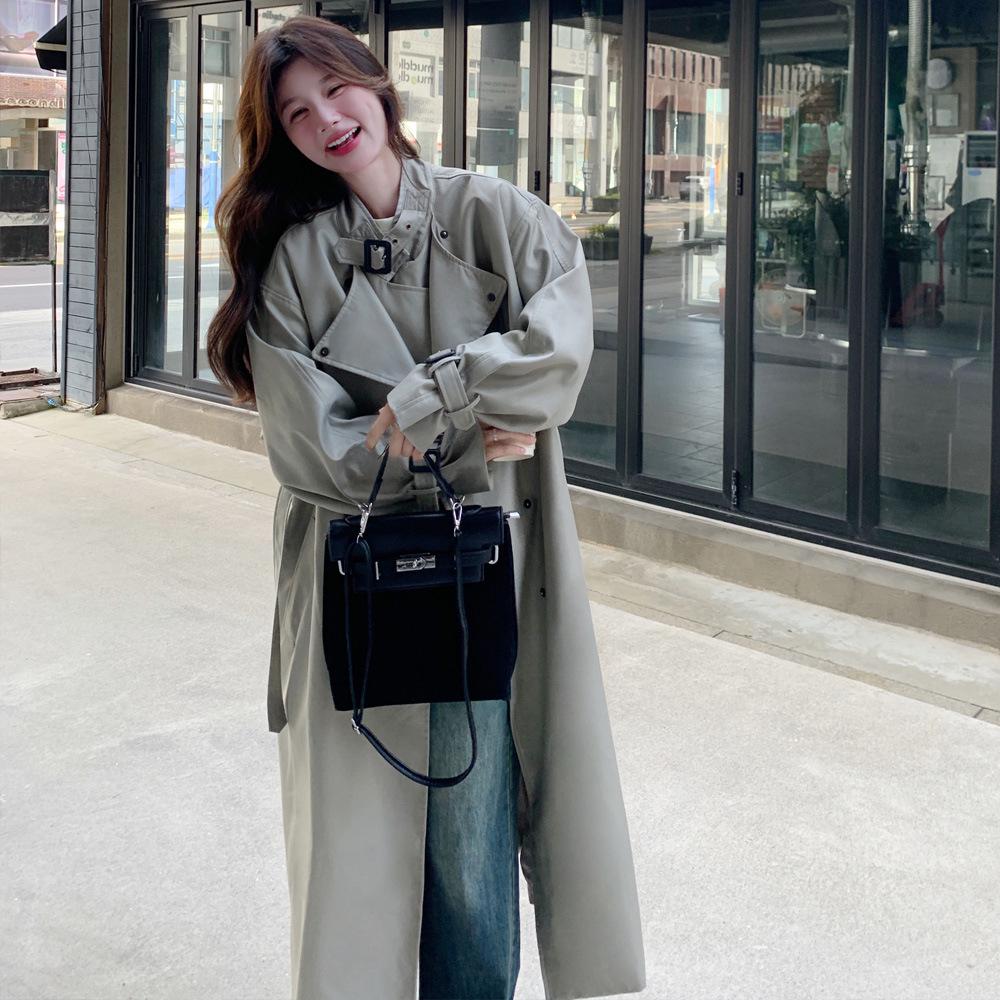 Women's Korean-Style Gray-Green Windbreaker Jacket, Autumn 2024 High-End Mid-Length Coat