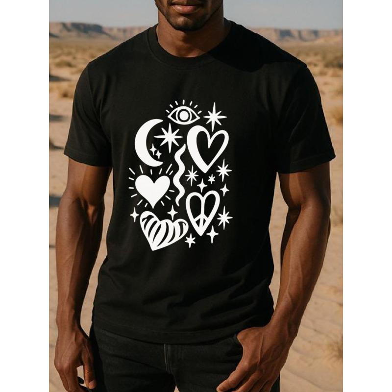 Европейские размеры Бохо Стиль Абстрактное Сердце Звезда Мужская Футболка с Принтом с Коротким Рукавом, Высококачественная Персонализированная Однотонная Футболка