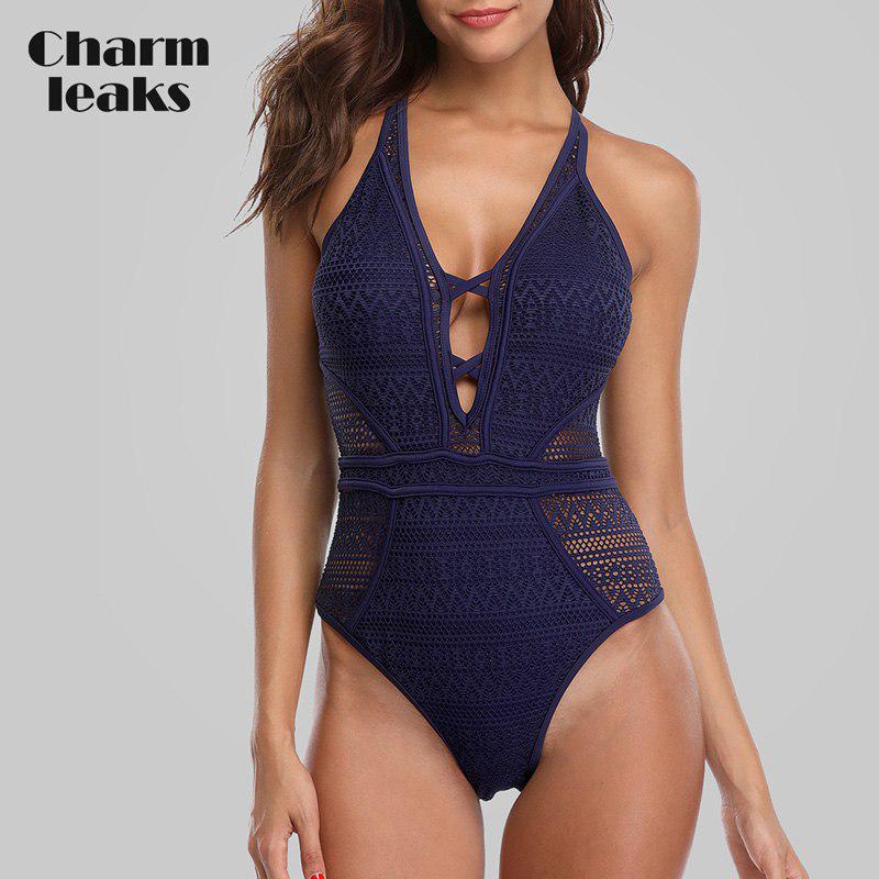 CHARMLEAKS Women One Piece Swimsuit Mesh Swimwear Deep V Swimwear Bandage Sexy Monokini Bathing Suit