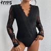 Women's Fashion Casual Solid Color Print Spring Autumn Long Sleeve V-Neck Bodysuits