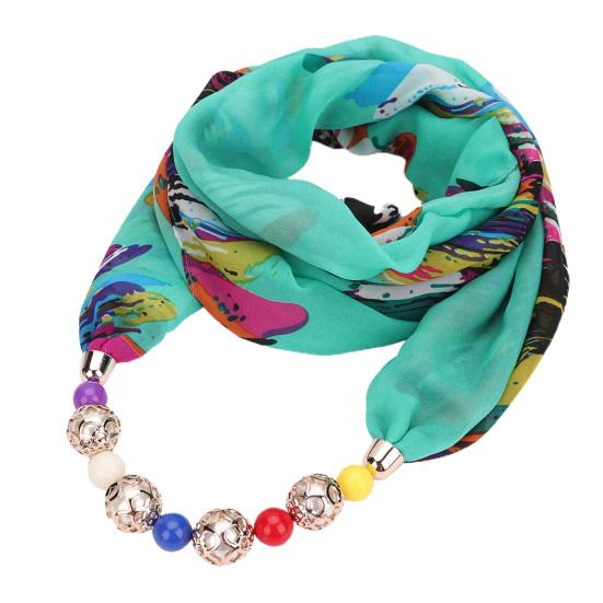 Beads Pendant Floral Print Necklace Scarf Simple Ethnic Style Vintage Chiffon Scarf for Home