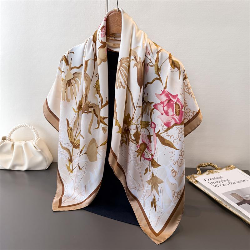 Fresh Atmosphere Simulation Silk High-End Printing Large Square Scarf Silk Scarf Shawl Headscarf Neck Protection Scarf