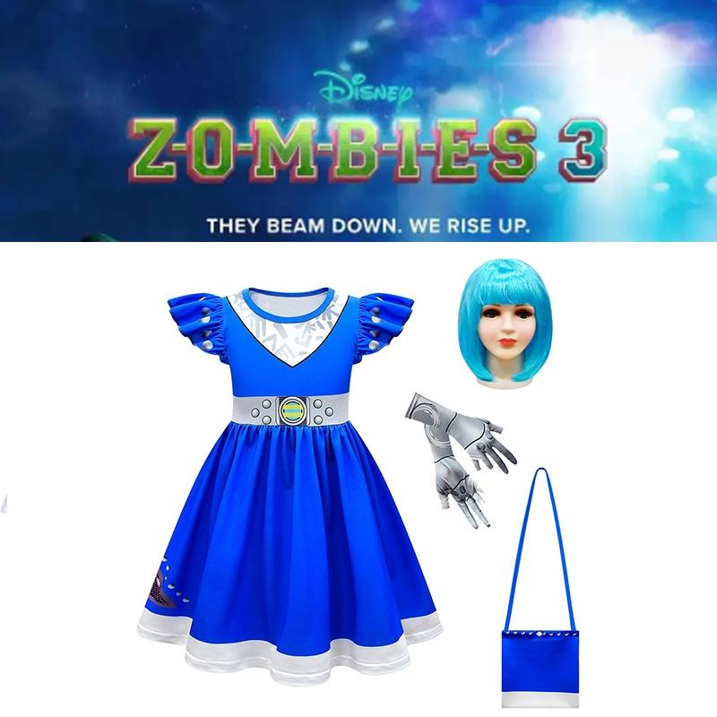 Kids Zombies 3 Cheerleader Cosplay Costume Halloween Dress Bag Wig Suit Gift Set