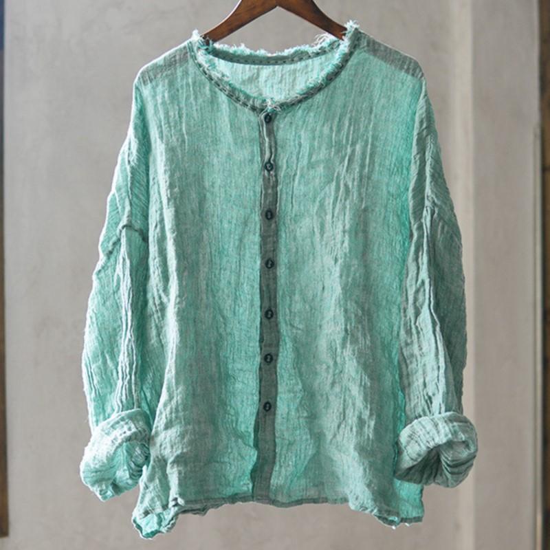 Johnature Винтажные женские рубашки с круглым вырезом и длинным рукавом на пуговицах, осенние свободные однотонные повседневные женские рубашки