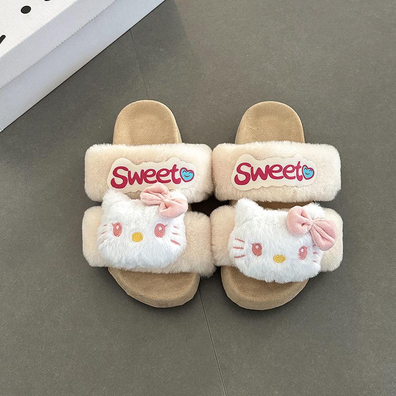 Anime Hello Kitty Lady Fluffy Slippers Autumn and Winter Cute Cartoon Home Indoor Warm One-word Baotou Cotton Mop
