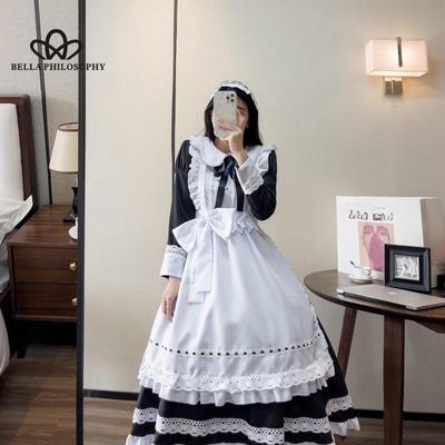 Традиционное длинное платье горничной с длинными рукавами, черный милый костюм Лолиты, японская униформа, милое платье для косплея
