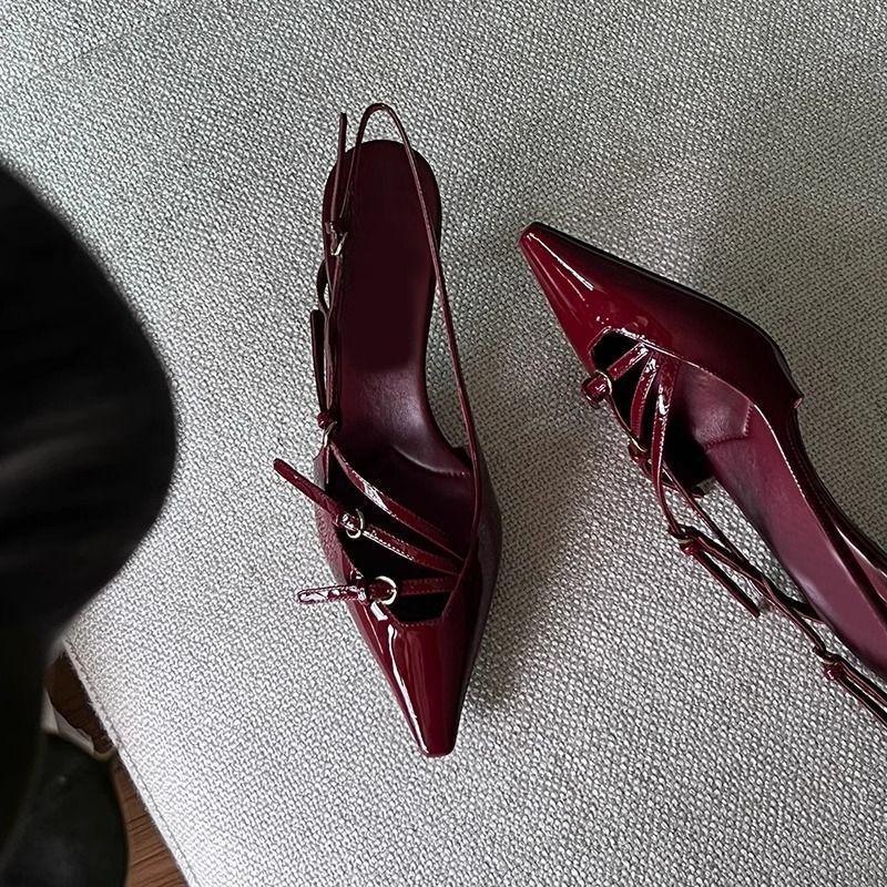 Женские туфли на высоком каблуке из лакированной кожи, бордовые туфли-лодочки на шпильке, 2025, темперамент интернет-знаменитости, с неглубоким вырезом, пустые, с сумкой на носке, босоножки