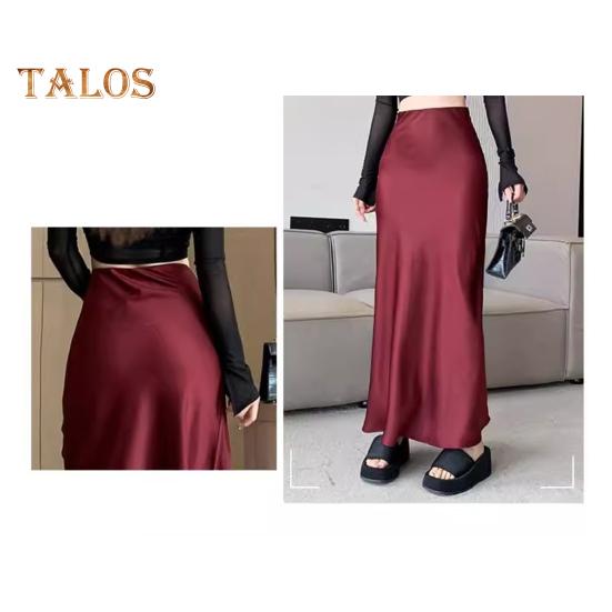 Women Fishtail Skirt High Waist Fishtail Hem Maxi Skirt Solid Color Retro Satin Texture Hip Wrapped Skirt