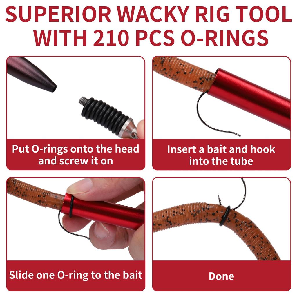 TRUSCEND Fishing Wacky Rig Tool with 210 Replacement for Fishing Worm Stick Ned Finesse Rigging Style Bass Red O-Rings Pliers, Baits, Kit, Fishing,