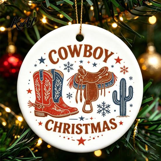 Festive Home Decor Ceramic Christmas Ornament, 2D Double Sided Cowboy/Nutcracker/Holy Berry Hanging Holiday Window Decorations Ornament for