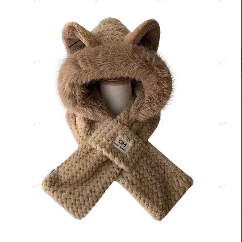 Плюшевая шапка-шарф интегрированная женская новая зимняя милая вязаная шапка-шарф перчатки набор из трех предметов утолщенный теплый