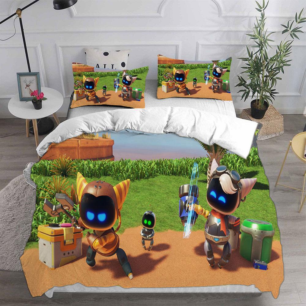 Игривый постельный комплект Astro Bot с красочными персонажами и цветочной графикой для детей и взрослых