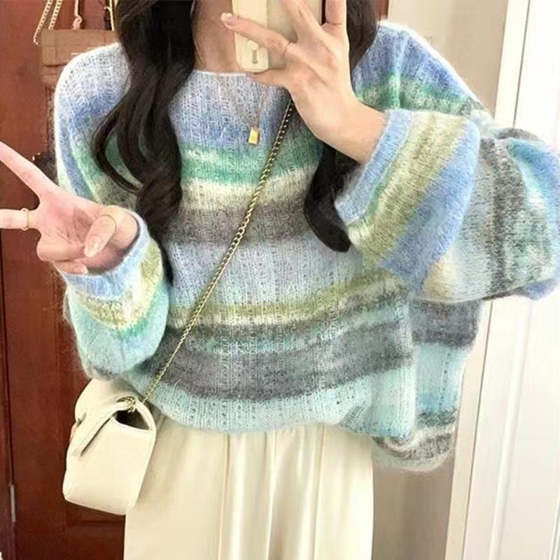 Нежный ветер Цветовое столкновение Полосатый свитер Женский Тонкий свитер Ранняя осень и Зима Носить Топ Сладкий Пуловер Тренд
