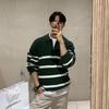 Mens Striped Knit Sweater Loose Fit Turn-Down Collar Long Sleeve Casual Top