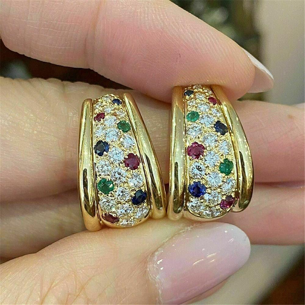 Милые Женские Серьги-Кольца с Радужным Цирконом Круглой Формы Винтажная Мода Золотой Цвет Свадебные Украшения Для Женщин