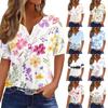 Women's Casual Printed V-Neck Short Sleeve Decorative Button T-Shirt Top