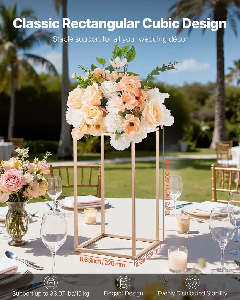 Wedding Flower Stand, 10PCS 40cm Column Flower Stand, Floral Stands with Acrylic Laminate, Gold Rectangular Floral Display Rack for Wedding, Party,