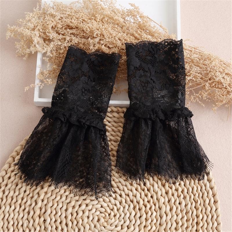 2Pairs Elegant Arm Sleeves With Lace Flower Elastic Wrist Cuffs Extension Faux Sleeves For Office Women Dress Enhancer