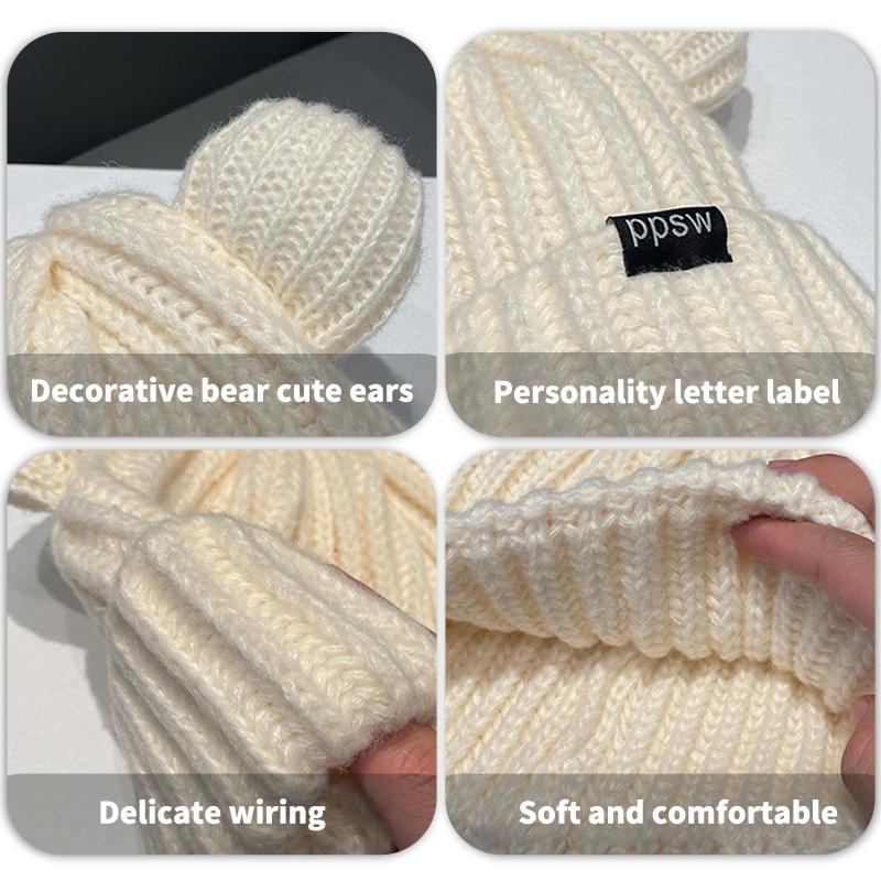 2024 Женская однотонная вязаная милая шерстяная шапка с ушками медведя для взрослых, мягкая плюшевая утолщенная наружная защита ушей для тепла, женская шапка