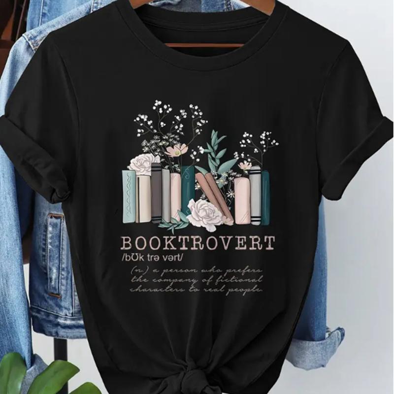 Fashion Women Simplified Flower Book Alphabet Print T Shirt Funny Casual O-neck Short Sleeves T-shirt Summer Female Tee Shirt