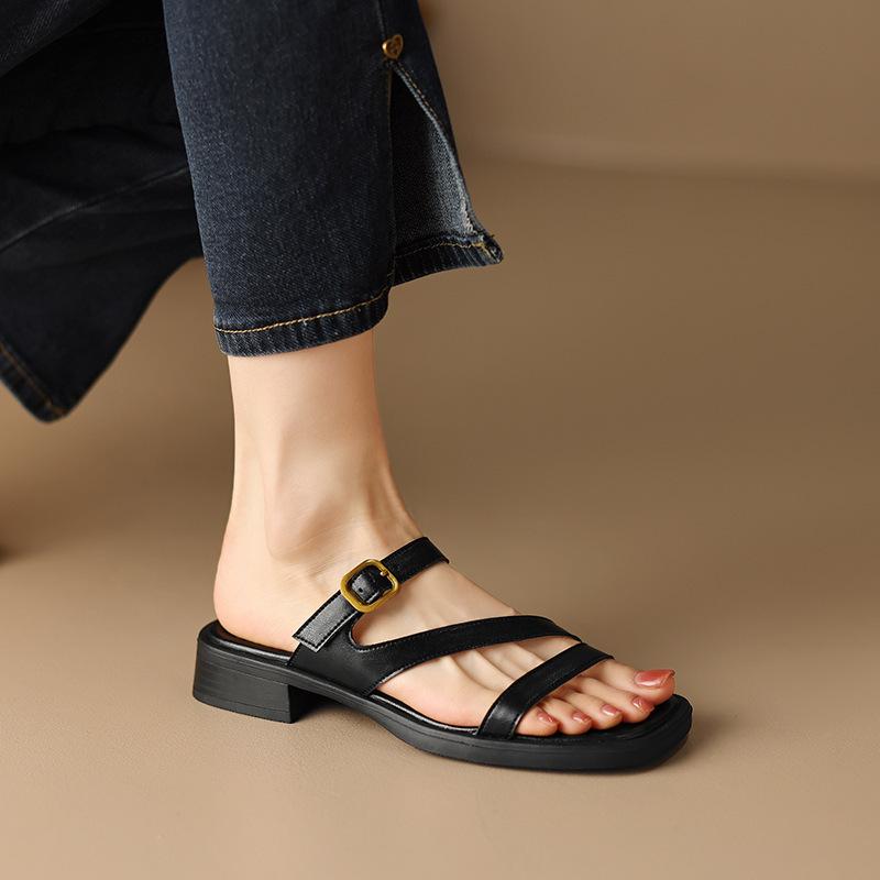 Retro one-word belt comfortable flat-bottomed slippers women's wear soft-soled thin belt brown low-heeled open-toed sandals