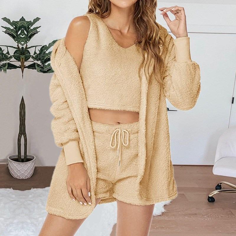 Home Wear Long Sleeved Plush Casual Three Piece Set Jacket Vest Shorts Sports Suit
