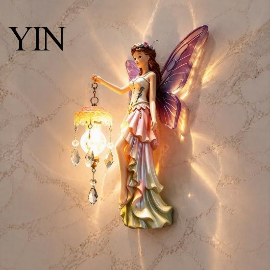 Wall Mounted Fairy Lamp Night Light, Resin Elf Sculpture Lantern for Bedroom, 3D Faux Crystal Pendant Hanging Art Decor with Pendant, Romantic