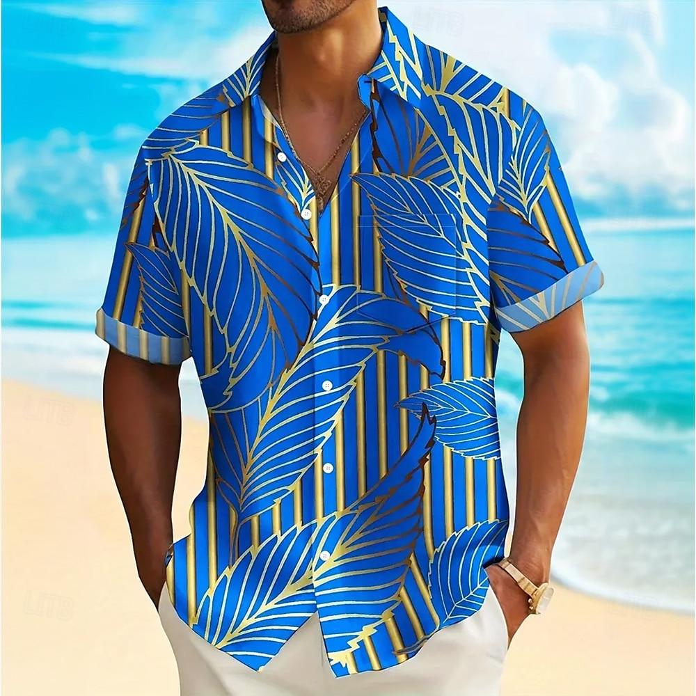 Fashion Men Hawaiian Shirt Gold Leaf Patterns Short Sleeve Shirts for Men Beach Vacations Summer Parties Oversized Men Clothing